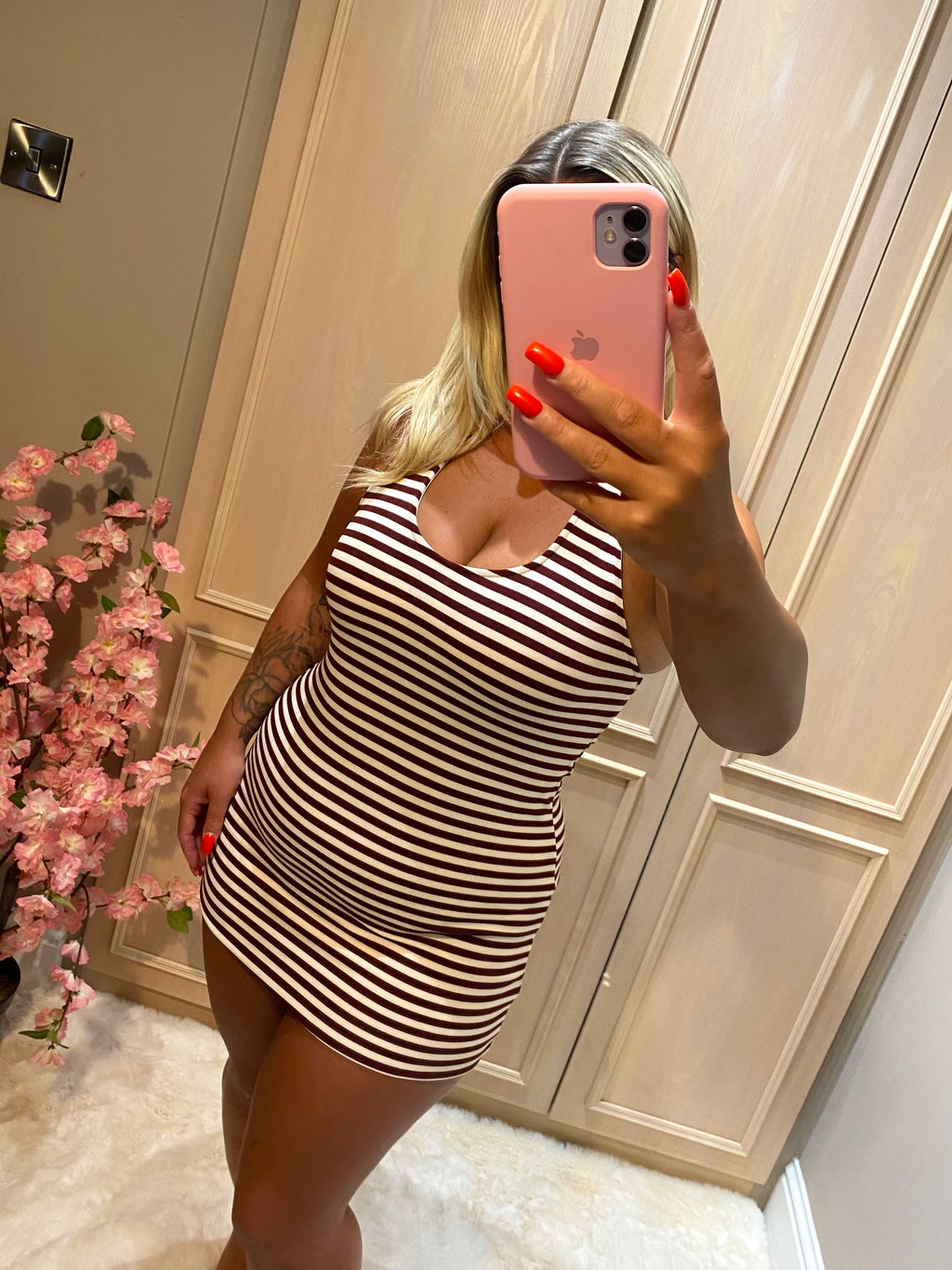 Burgundy Striped Halter Dress